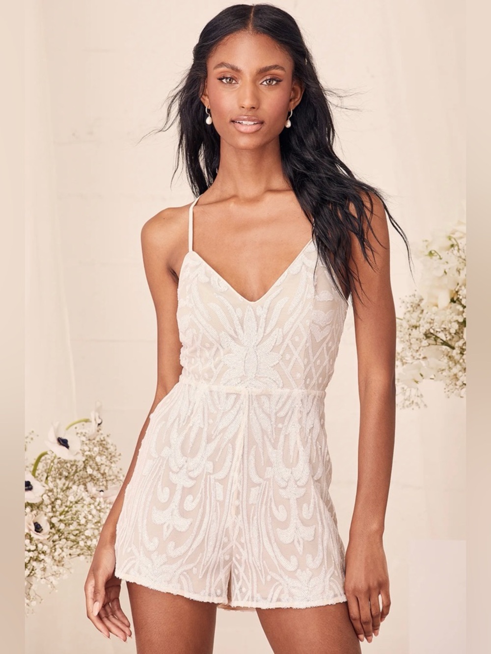 Lulus White Sequin Romper Nude Lining Size L NWT Bridal Party Bachelorette